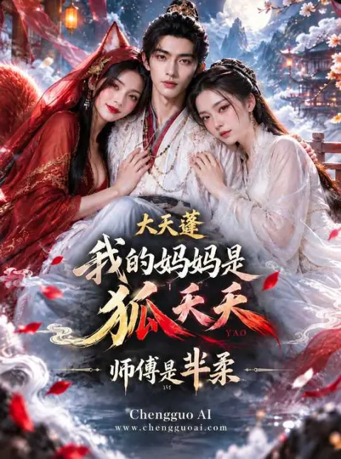 古装玄幻题材短剧竖版海报，一男两女在红梅与雪山前
